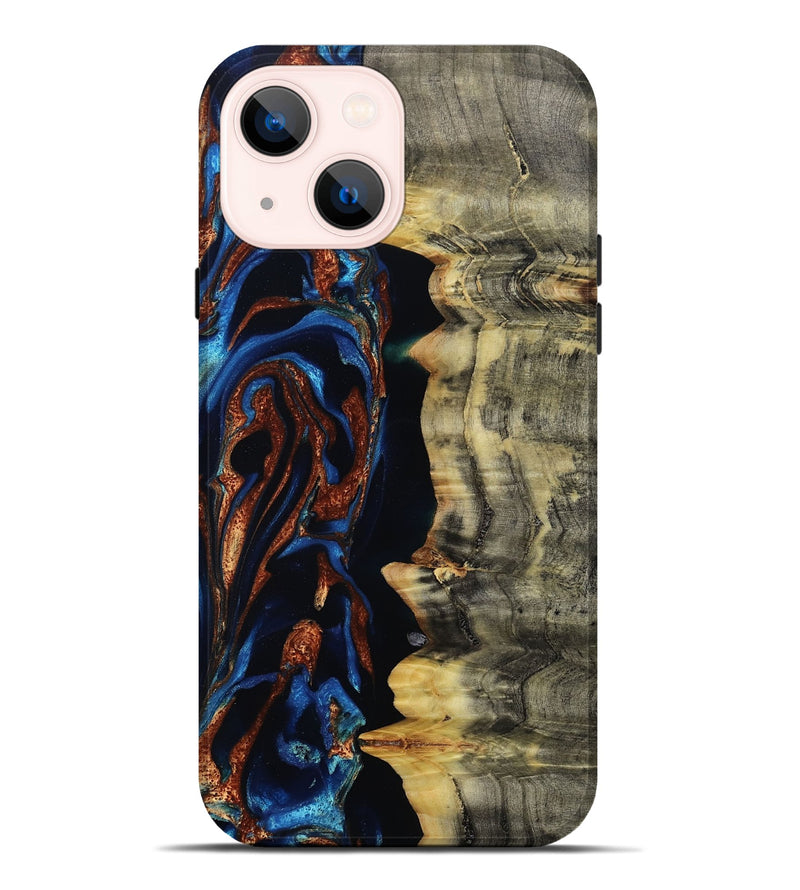 iPhone 14 Plus Wood Live Edge Phone Case - Enid (Teal & Gold, 801980)