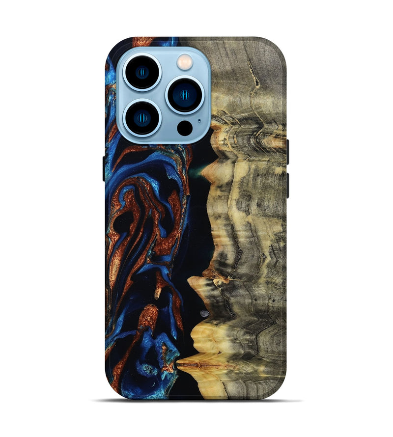 iPhone 14 Pro Wood Live Edge Phone Case - Enid (Teal & Gold, 801980)