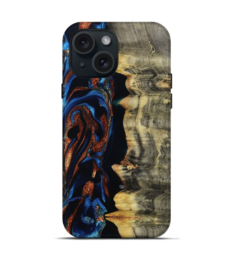 iPhone 15 Wood Live Edge Phone Case - Enid (Teal & Gold, 801980)