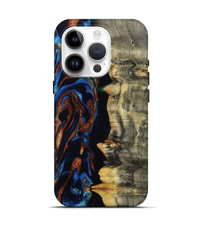 iPhone 15 Pro Wood Live Edge Phone Case - Enid (Teal & Gold, 801980)