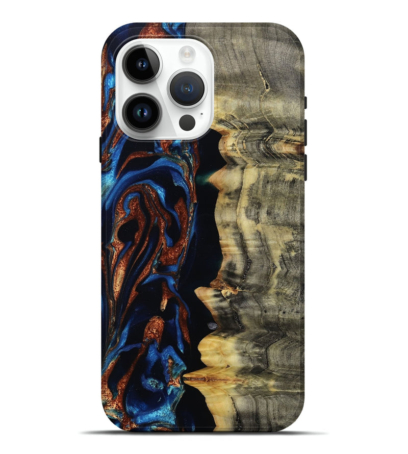iPhone 15 Pro Max Wood Live Edge Phone Case - Enid (Teal & Gold, 801980)