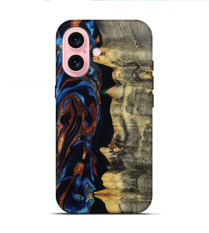 iPhone 16 Wood Live Edge Phone Case - Enid (Teal & Gold, 801980)