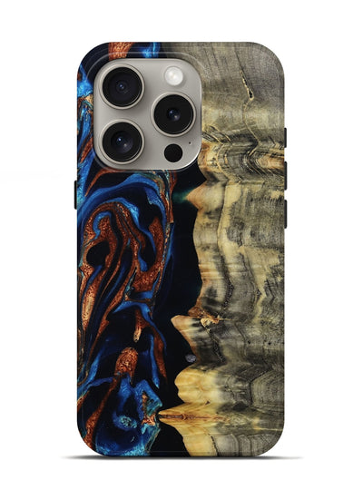 iPhone 16 Pro Wood Live Edge Phone Case - Enid (Teal & Gold, 801980)