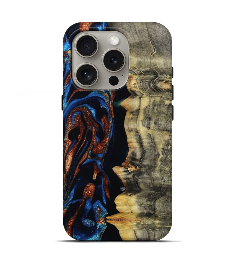 iPhone 16 Pro Wood Live Edge Phone Case - Enid (Teal & Gold, 801980)