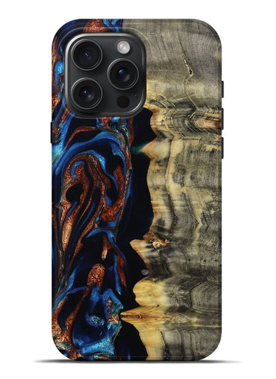 iPhone 16 Pro Max Wood Live Edge Phone Case - Enid (Teal & Gold, 801980)