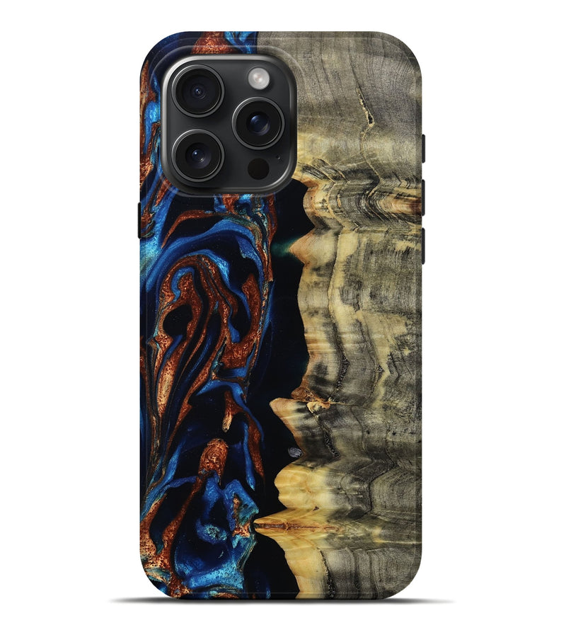 iPhone 16 Pro Max Wood Live Edge Phone Case - Enid (Teal & Gold, 801980)