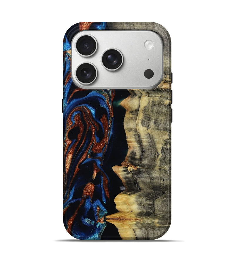 iPhone 17 Pro Wood Live Edge Phone Case - Enid (Teal & Gold, 801980)