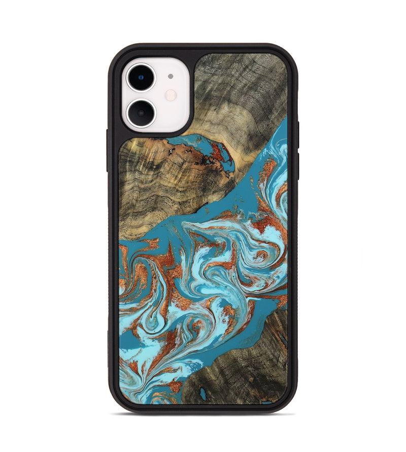 iPhone 11 Wood Phone Case - Edythe (Teal & Gold, 802164)