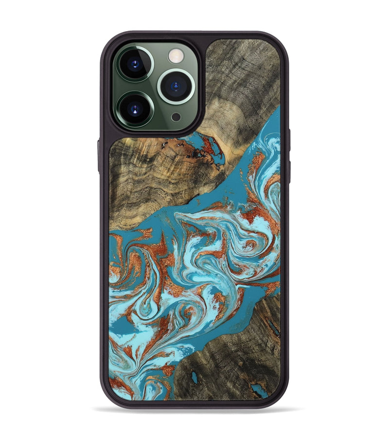 iPhone 13 Pro Max Wood Phone Case - Edythe (Teal & Gold, 802164)