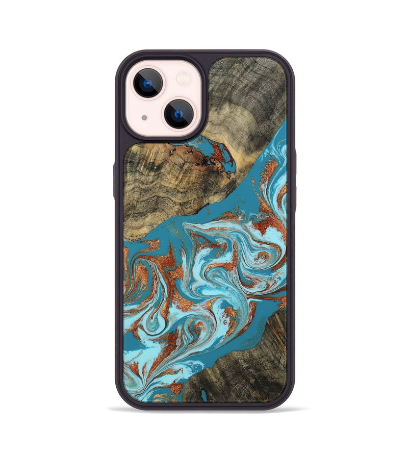 iPhone 14 Wood Phone Case - Edythe (Teal & Gold, 802164)