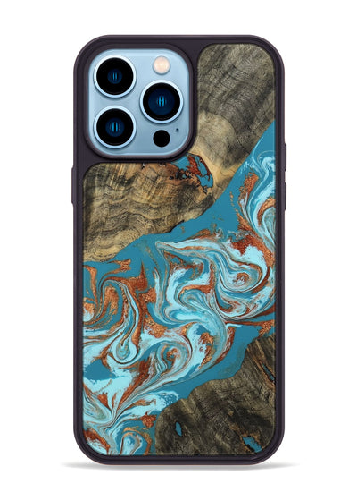 iPhone 14 Pro Max Wood Phone Case - Edythe (Teal & Gold, 802164)