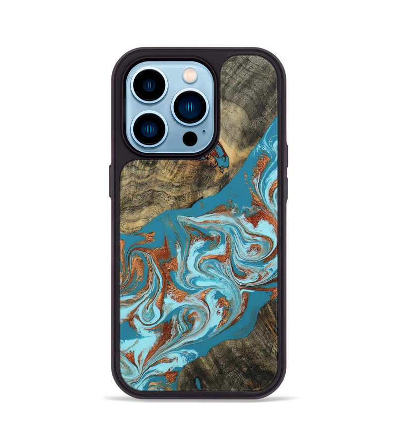 iPhone 14 Pro Wood Phone Case - Edythe (Teal & Gold, 802164)