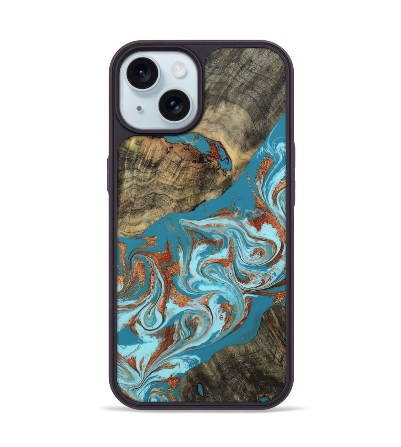 iPhone 15 Wood Phone Case - Edythe (Teal & Gold, 802164)