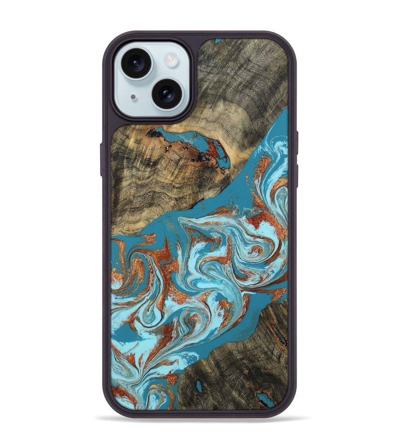 iPhone 15 Plus Wood Phone Case - Edythe (Teal & Gold, 802164)