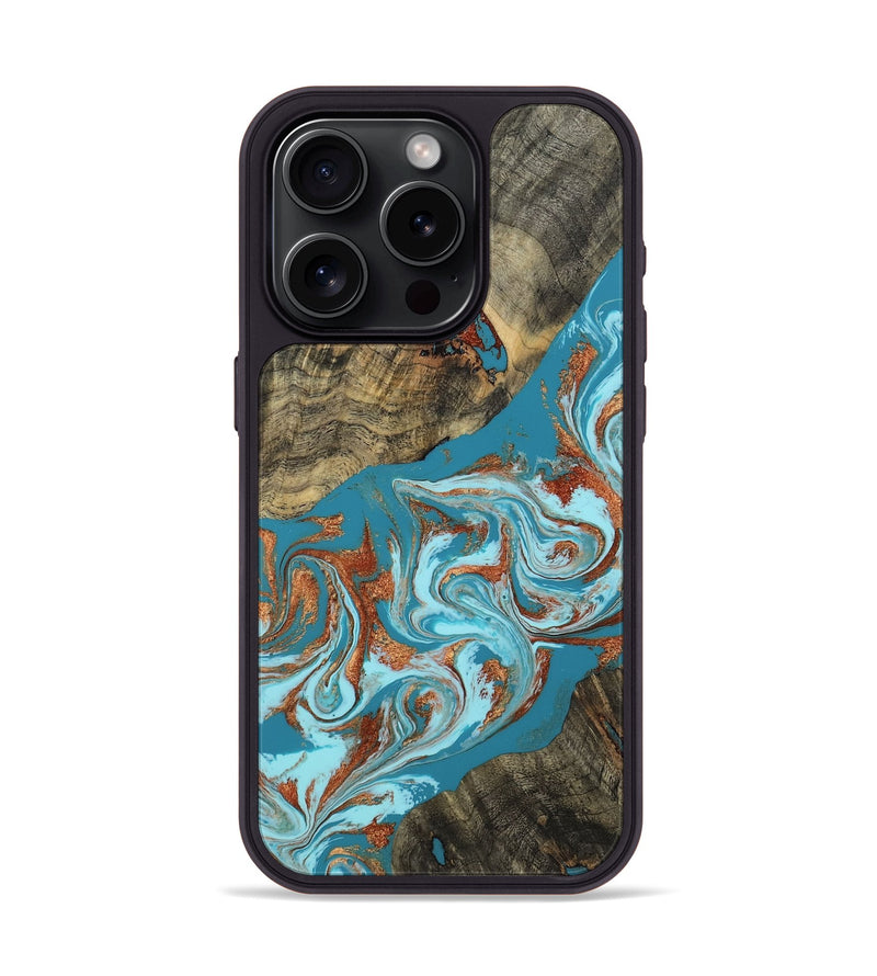 iPhone 15 Pro Wood Phone Case - Edythe (Teal & Gold, 802164)