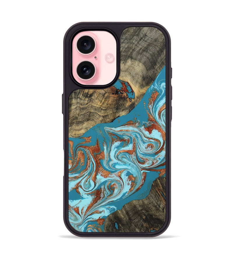 iPhone 16 Wood Phone Case - Edythe (Teal & Gold, 802164)