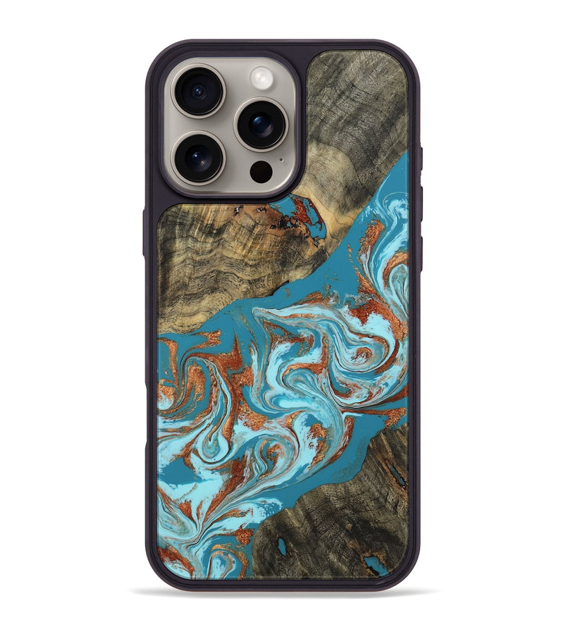 iPhone 16 Pro Max Wood Phone Case - Edythe (Teal & Gold, 802164)