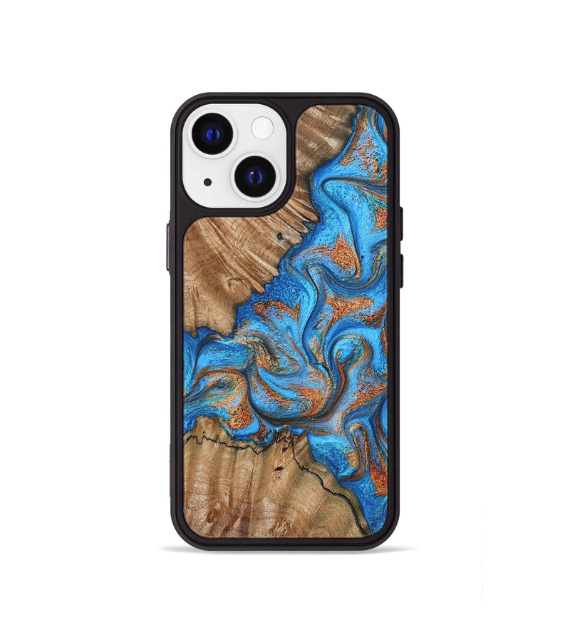 iPhone 13 mini Wood Phone Case - Lutie (Teal & Gold, 802165)