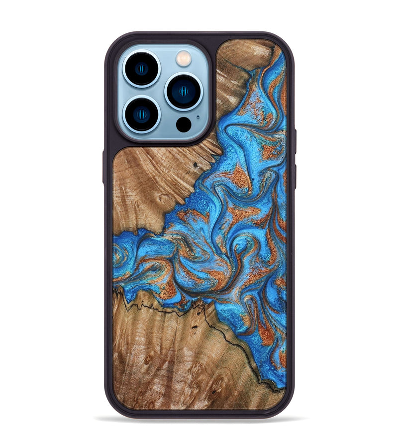iPhone 14 Pro Max Wood Phone Case - Lutie (Teal & Gold, 802165)