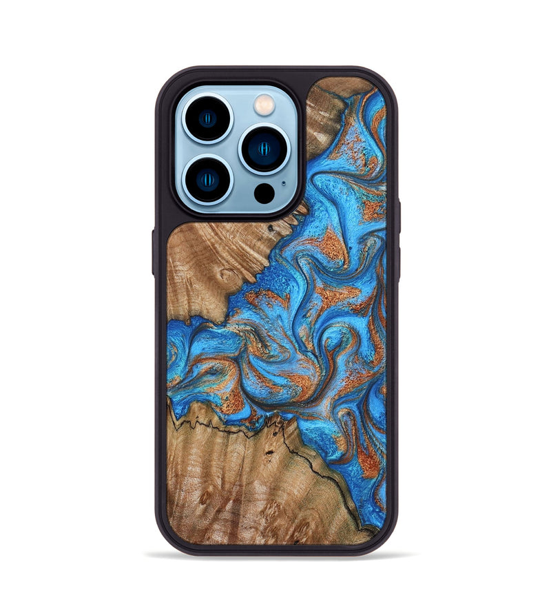 iPhone 14 Pro Wood Phone Case - Lutie (Teal & Gold, 802165)
