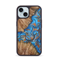 iPhone 15 Wood Phone Case - Lutie (Teal & Gold, 802165)