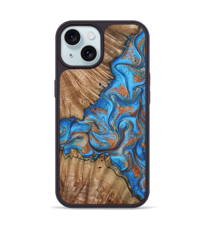 iPhone 15 Wood Phone Case - Lutie (Teal & Gold, 802165)