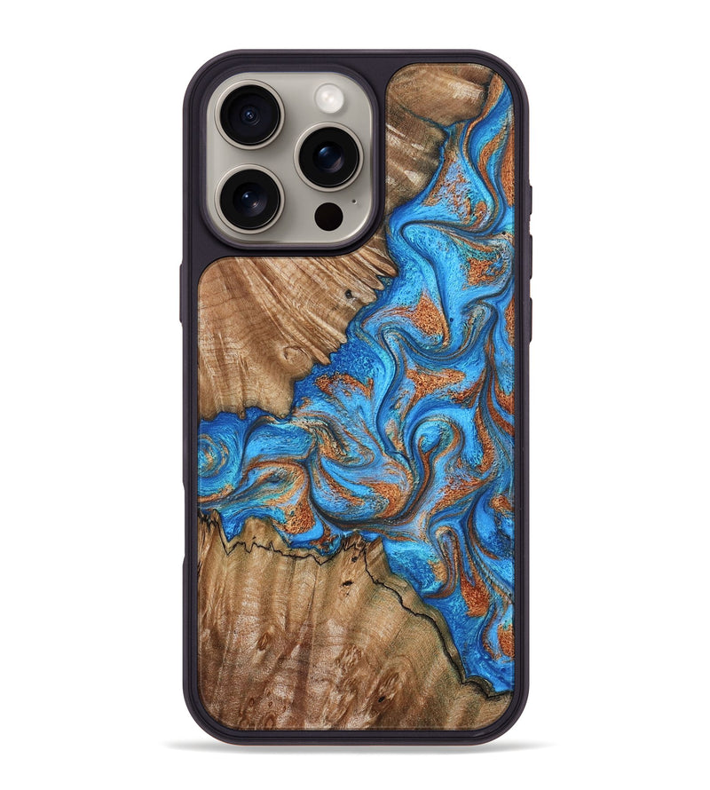 iPhone 16 Pro Max Wood Phone Case - Lutie (Teal & Gold, 802165)