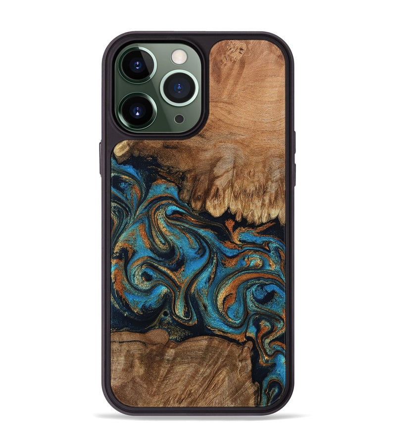 iPhone 13 Pro Max Wood Phone Case - Dian (Teal & Gold, 802400)