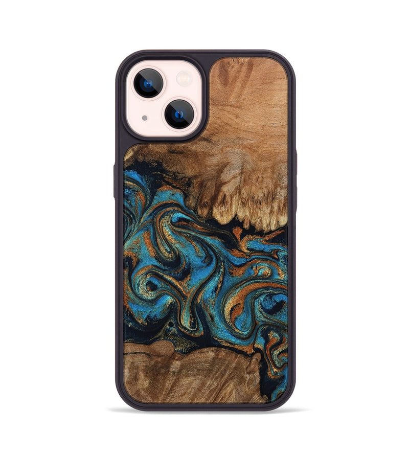 iPhone 14 Wood Phone Case - Dian (Teal & Gold, 802400)