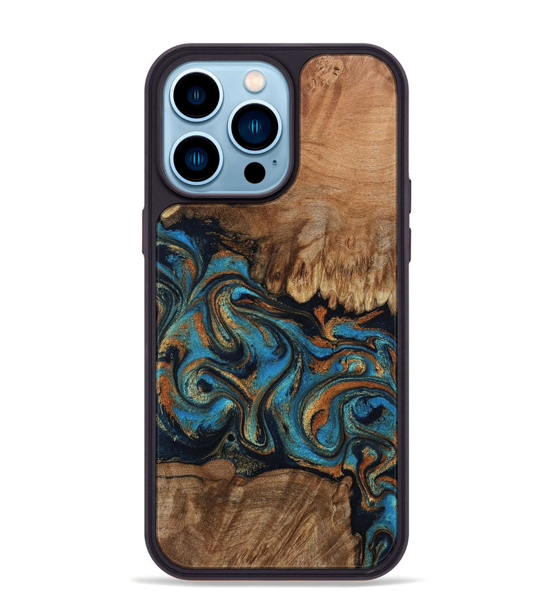 iPhone 14 Pro Max Wood Phone Case - Dian (Teal & Gold, 802400)