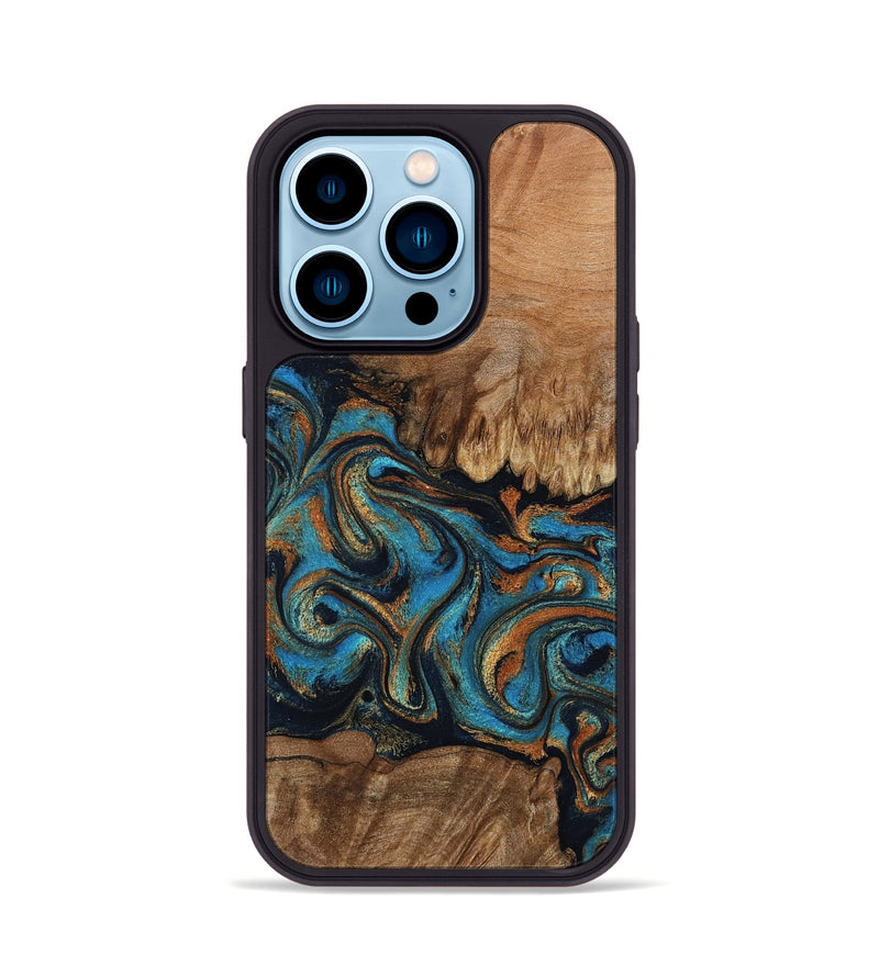 iPhone 14 Pro Wood Phone Case - Dian (Teal & Gold, 802400)