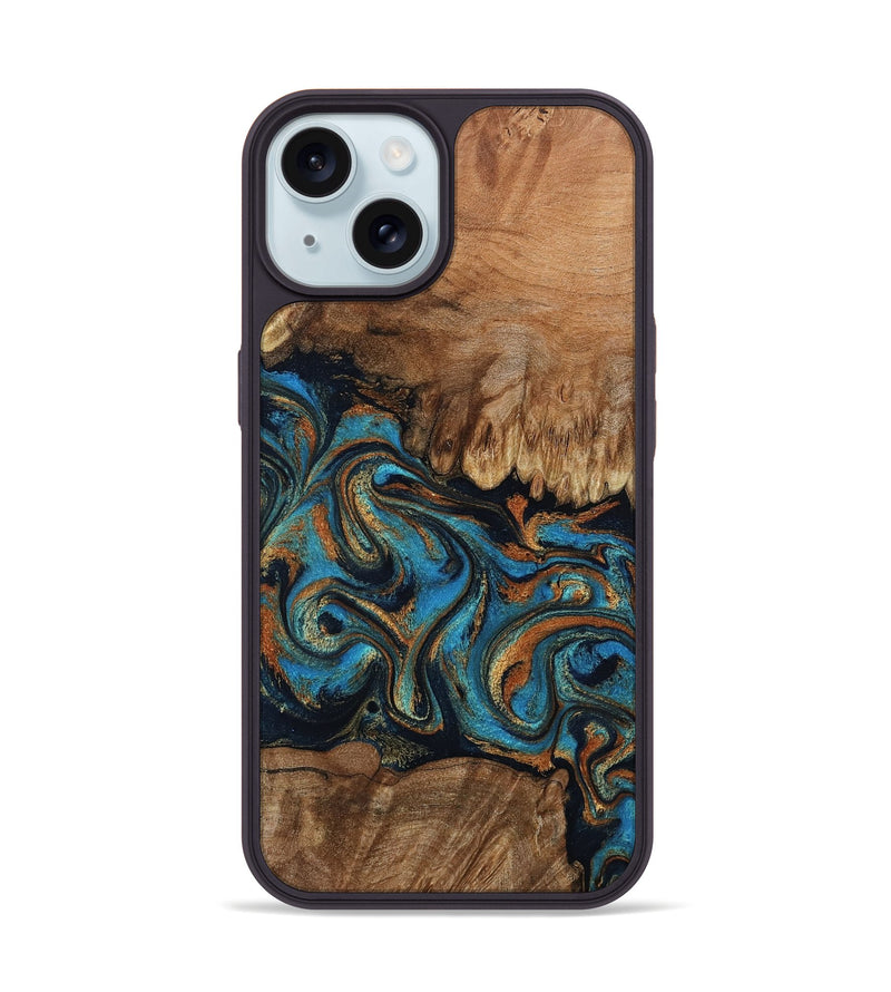 iPhone 15 Wood Phone Case - Dian (Teal & Gold, 802400)