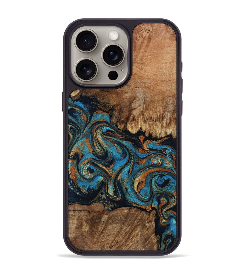 iPhone 15 Pro Max Wood Phone Case - Dian (Teal & Gold, 802400)