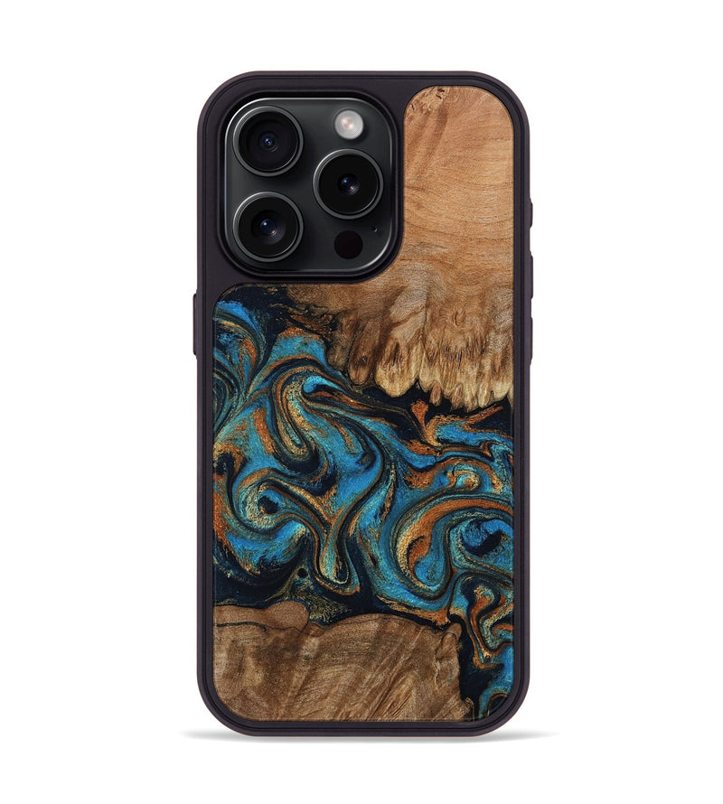 iPhone 15 Pro Wood Phone Case - Dian (Teal & Gold, 802400)