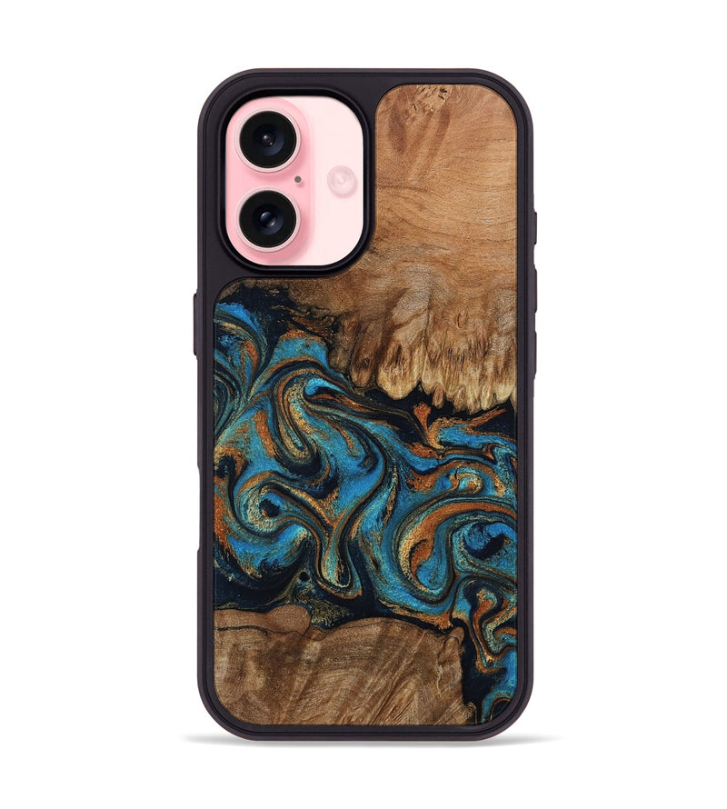 iPhone 16 Wood Phone Case - Dian (Teal & Gold, 802400)