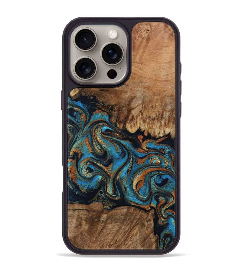 iPhone 16 Pro Max Wood Phone Case - Dian (Teal & Gold, 802400)