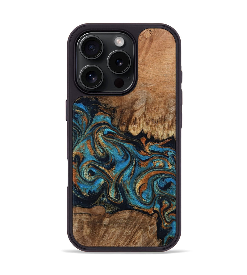 iPhone 16 Pro Wood Phone Case - Dian (Teal & Gold, 802400)