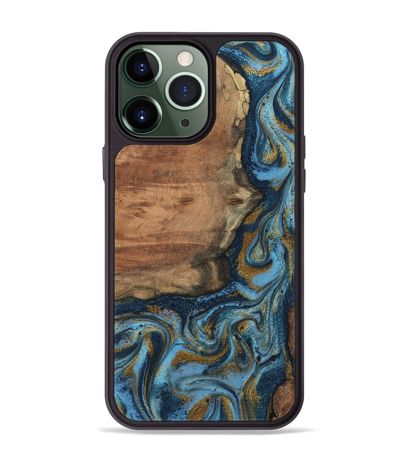 iPhone 13 Pro Max Wood Phone Case - Jamel (Teal & Gold, 802401)