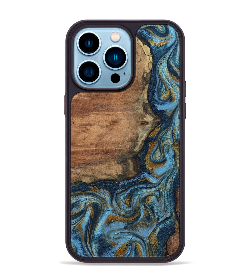 iPhone 14 Pro Max Wood Phone Case - Jamel (Teal & Gold, 802401)