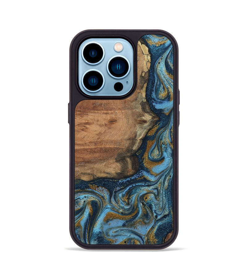 iPhone 14 Pro Wood Phone Case - Jamel (Teal & Gold, 802401)