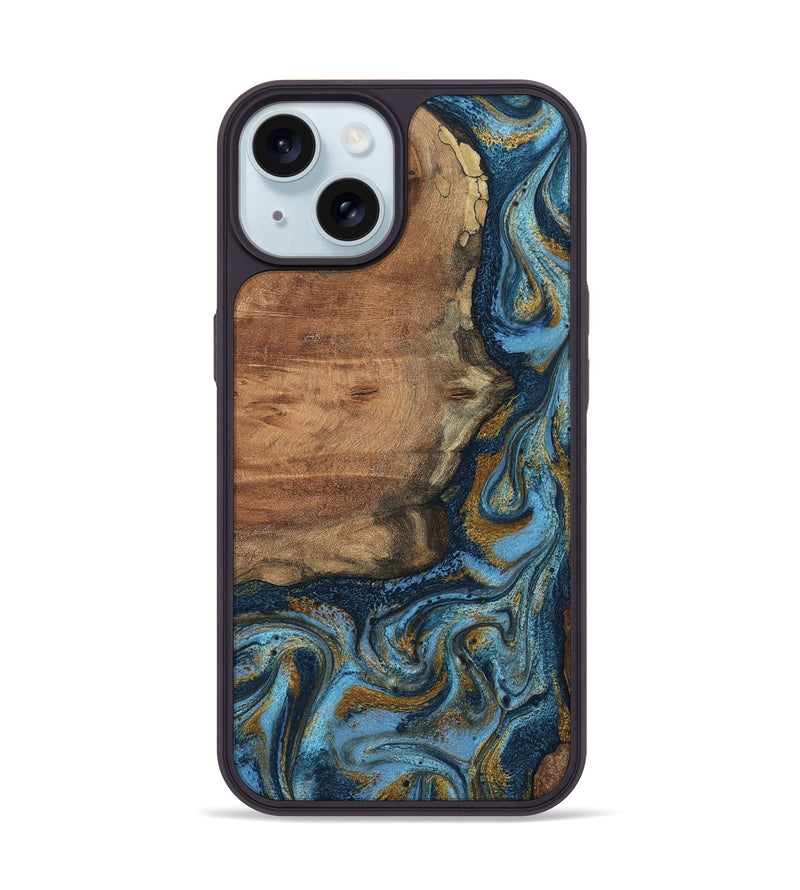 iPhone 15 Wood Phone Case - Jamel (Teal & Gold, 802401)