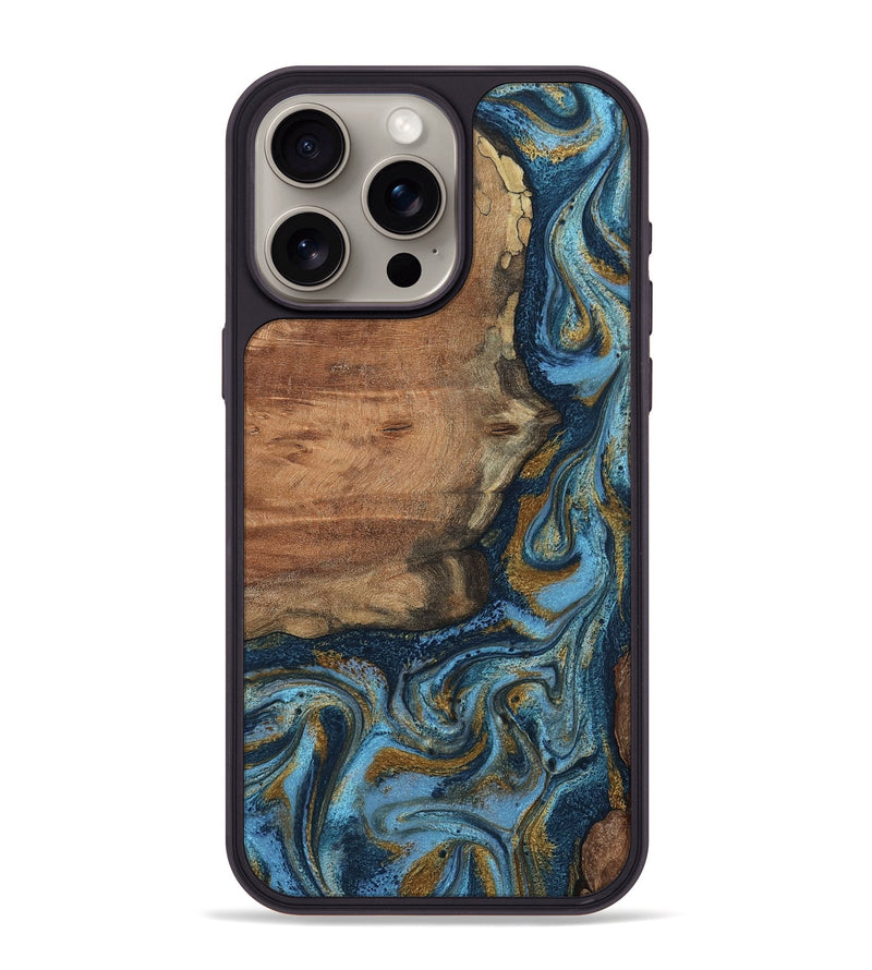 iPhone 15 Pro Max Wood Phone Case - Jamel (Teal & Gold, 802401)