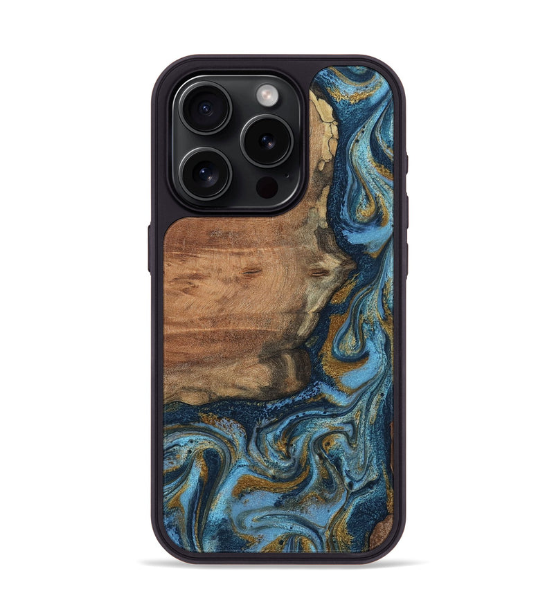 iPhone 15 Pro Wood Phone Case - Jamel (Teal & Gold, 802401)