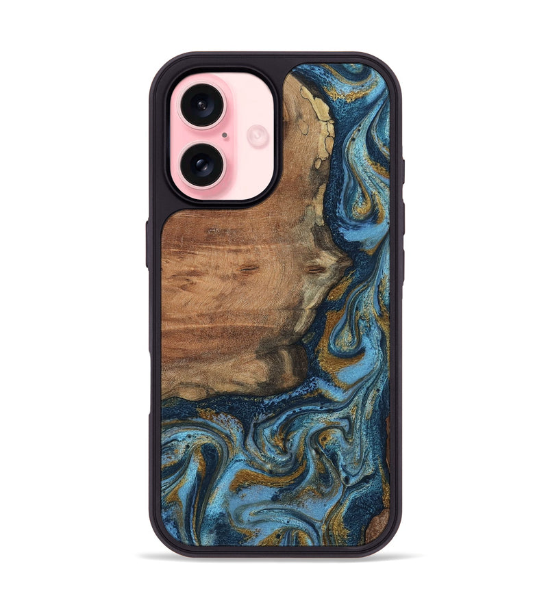 iPhone 16 Wood Phone Case - Jamel (Teal & Gold, 802401)