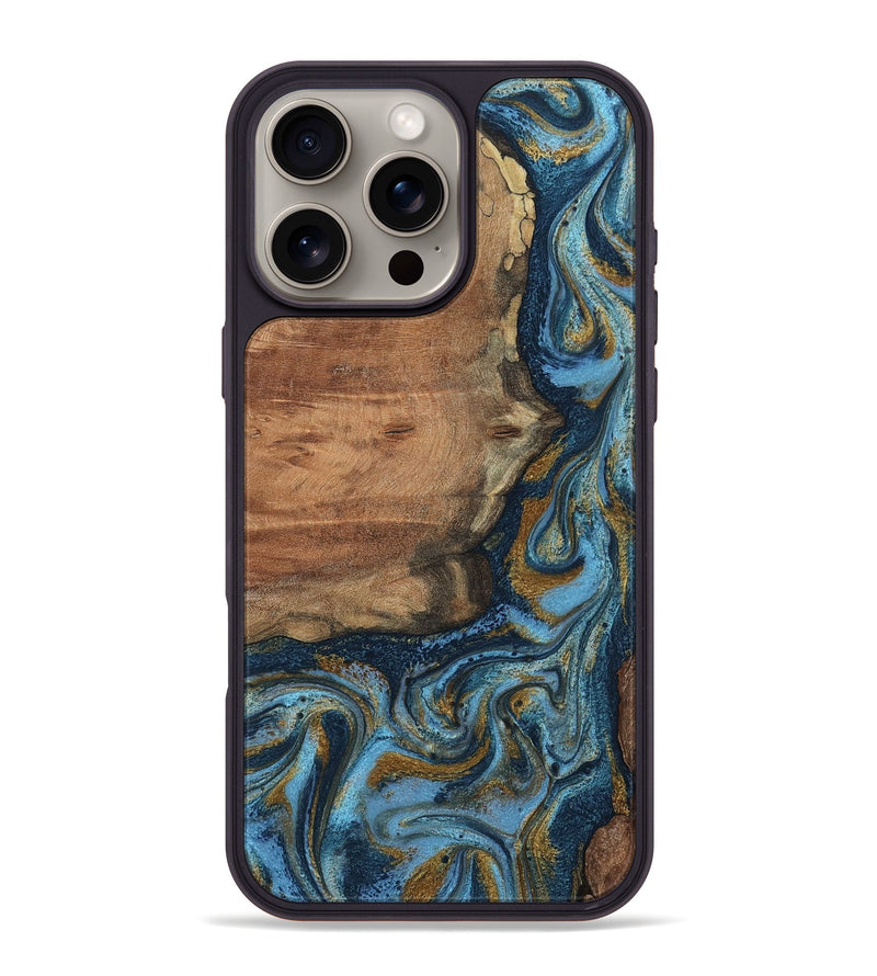 iPhone 16 Pro Max Wood Phone Case - Jamel (Teal & Gold, 802401)