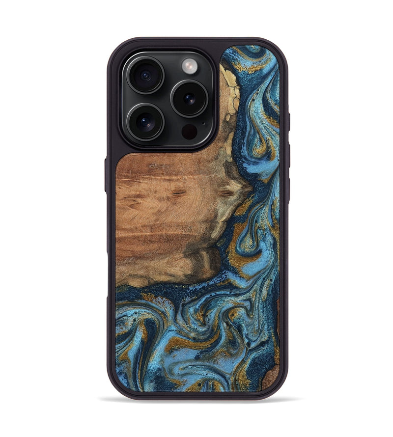 iPhone 16 Pro Wood Phone Case - Jamel (Teal & Gold, 802401)