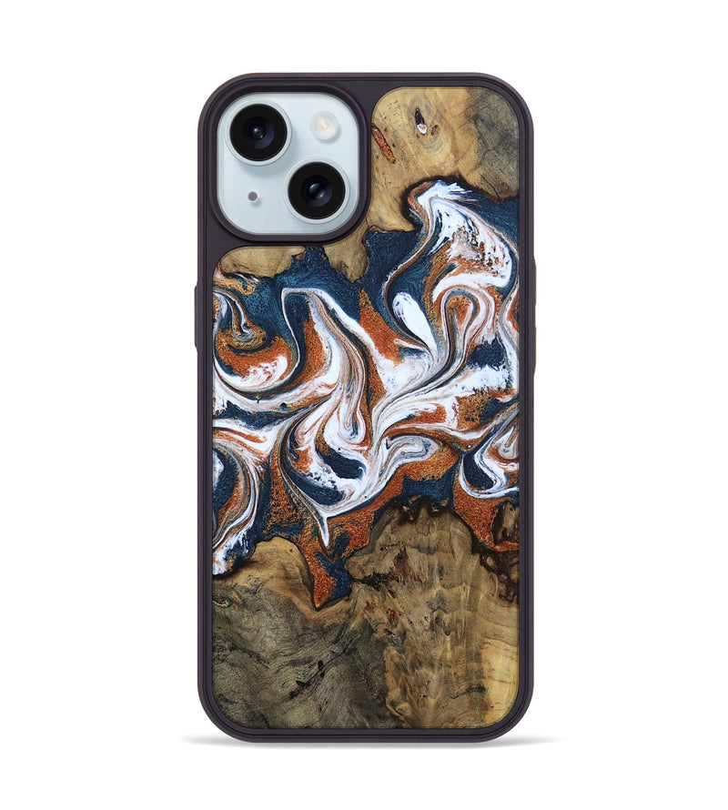 iPhone 15 Wood Phone Case - Xzavier (Teal & Gold, 802403)