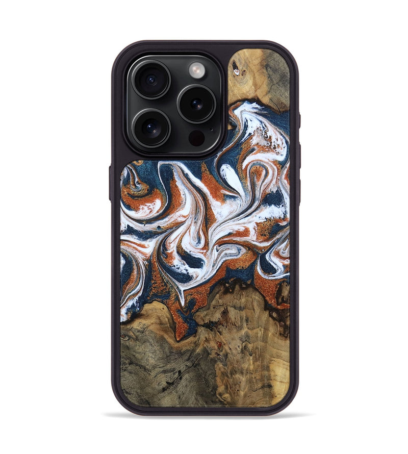 iPhone 15 Pro Wood Phone Case - Xzavier (Teal & Gold, 802403)