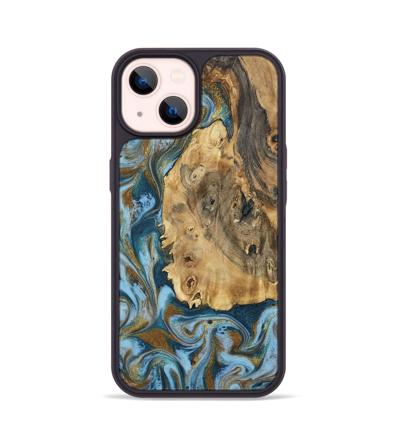 iPhone 14 Wood Phone Case - Dayana (Teal & Gold, 802405)