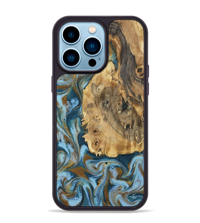 iPhone 14 Pro Max Wood Phone Case - Dayana (Teal & Gold, 802405)